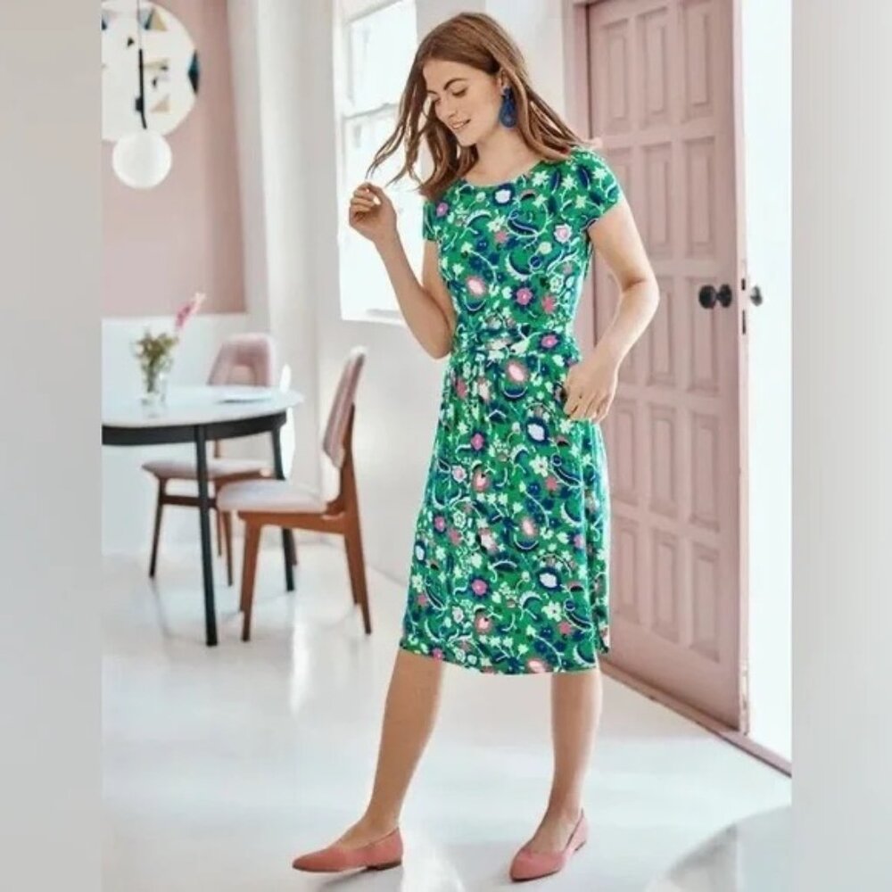 Boden Green Paisley Print Jersey Dress, US 4R, UK 8R